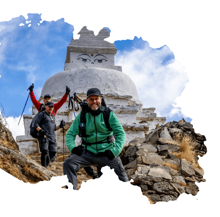 Trekkers near a stupa in the Himalayas
